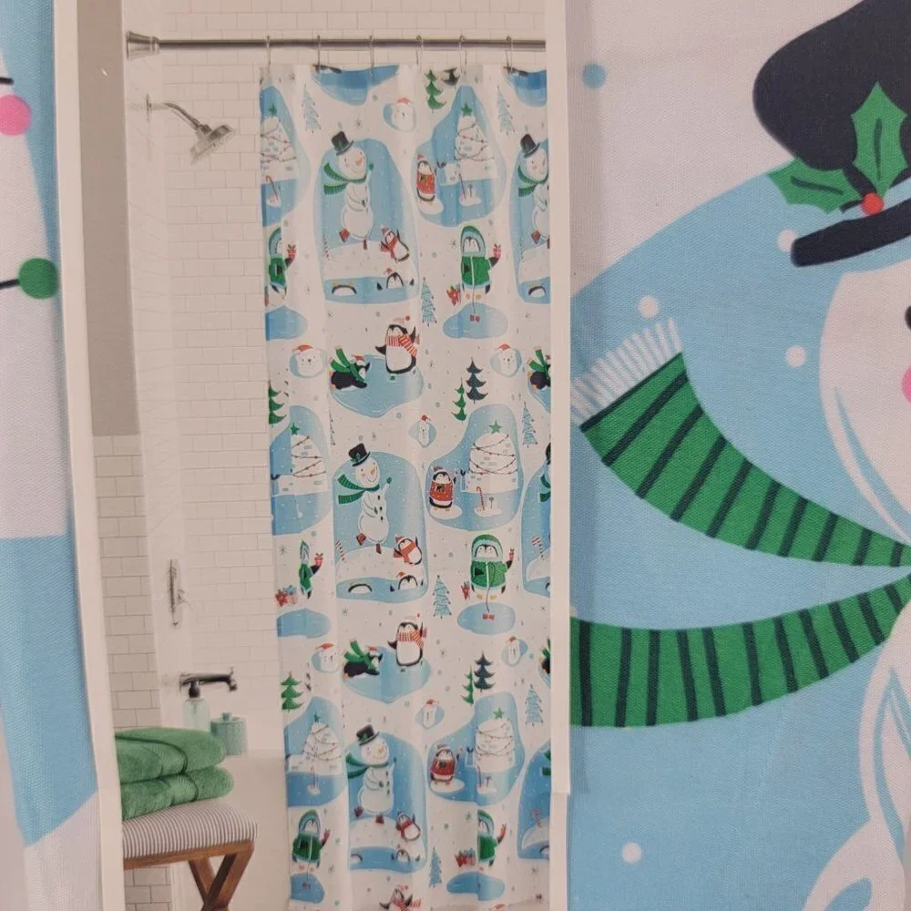 Snowman Blue Printed Christmas Fabric Shower Curtain - Size 72”x72”
